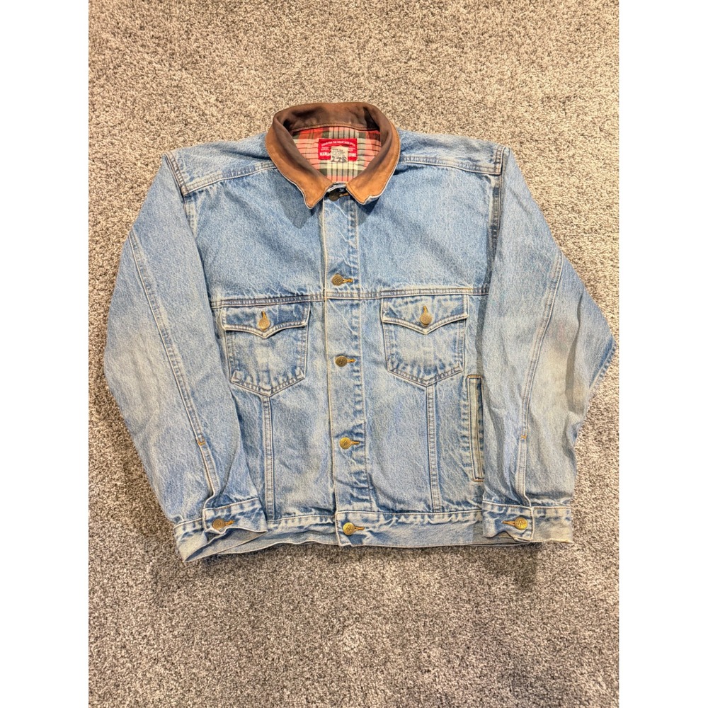 Marlboro Denim Jacket Mens M Blue Country Store Flannel Lined Leather Collar *